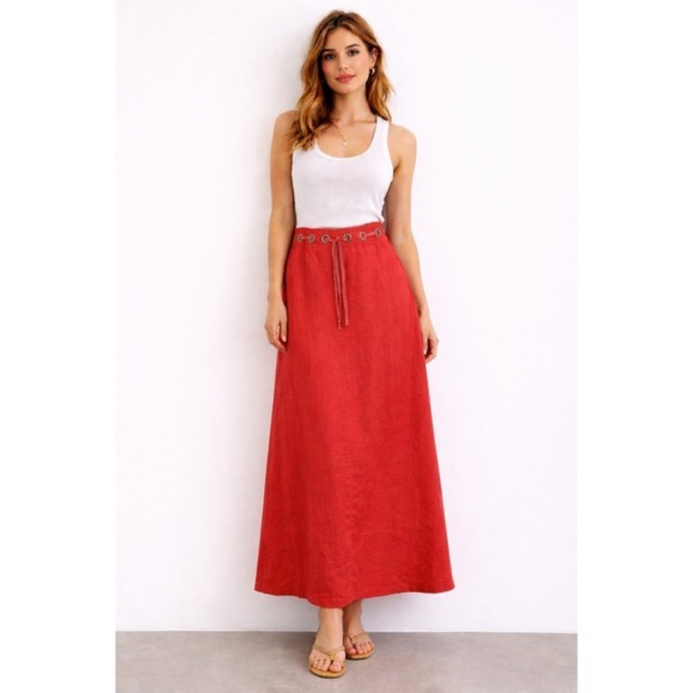 DEANE & WHITE Orange Linen Maxi Skirt Drawstring Waist Slit Size‎ 4